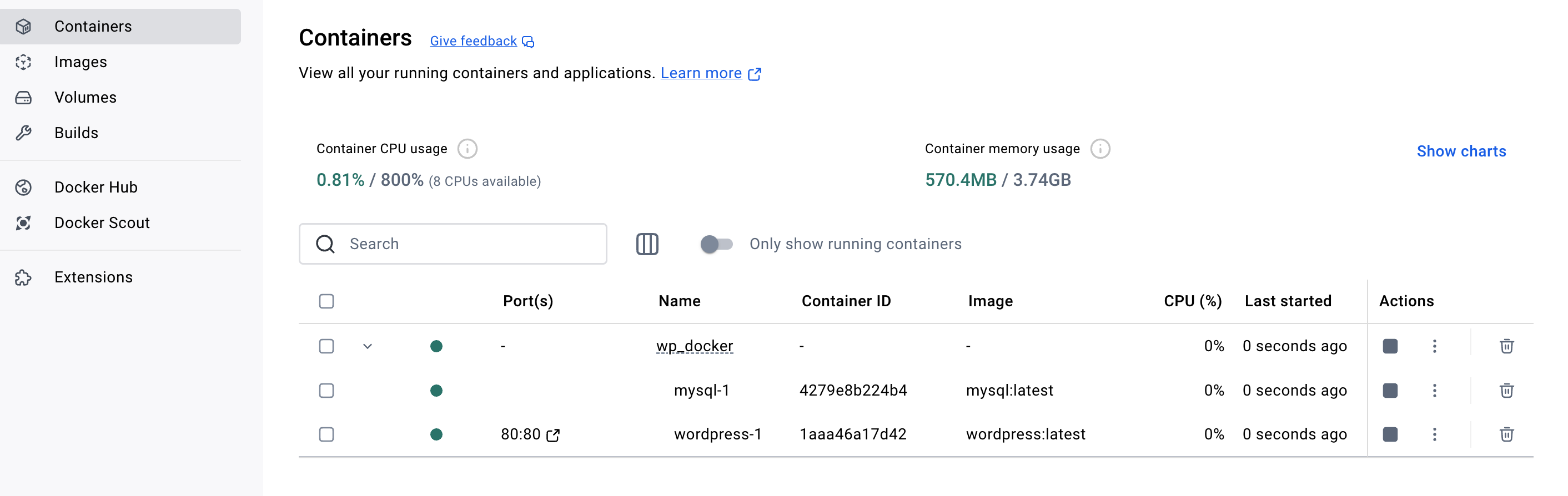 DOCKERデスクトップのコンテナ画面